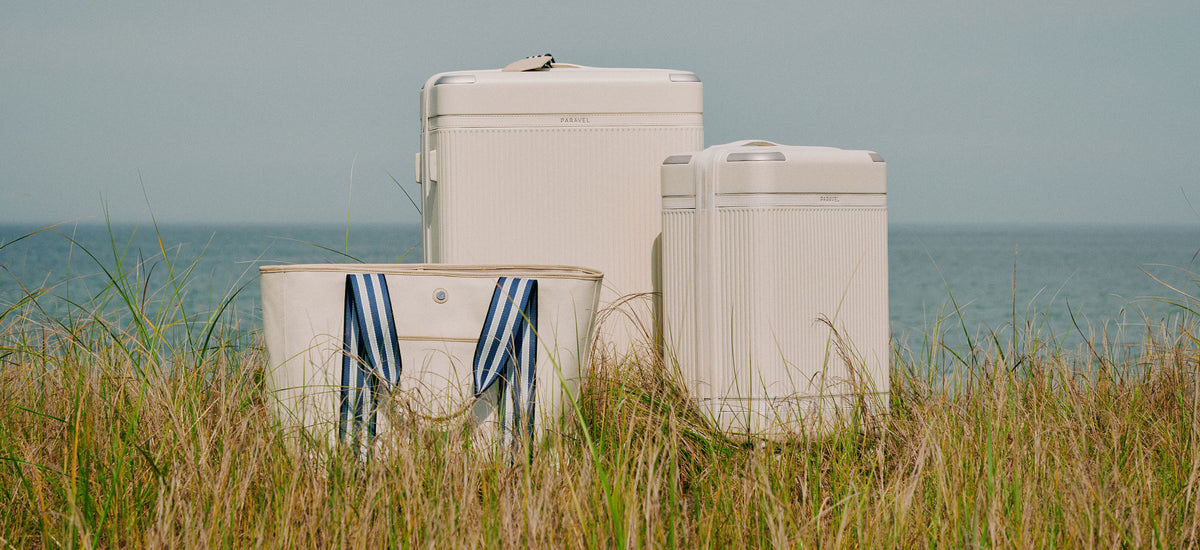 a group of luggage in a field