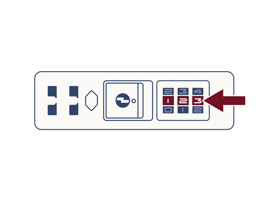 a white rectangular object with a number pad and a red arrow
