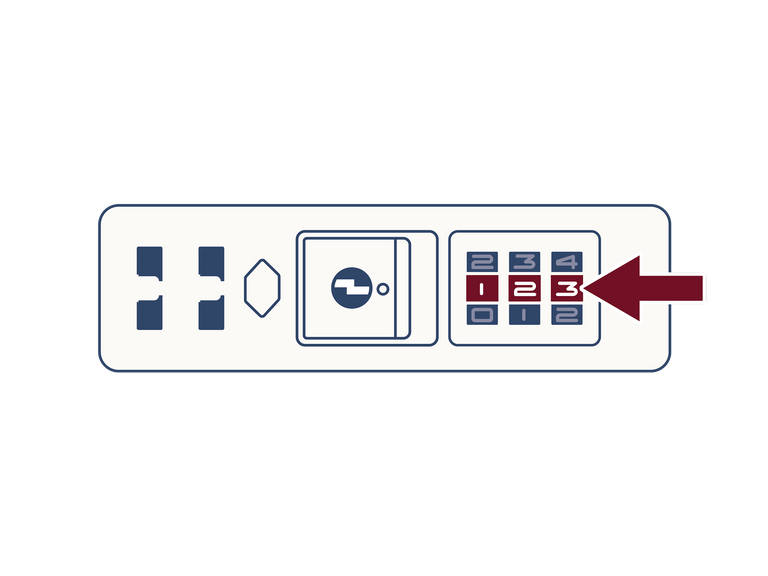 a white rectangular object with a number pad and a red arrow