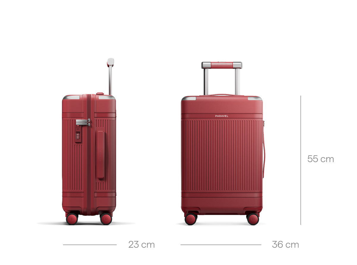 a red suitcase with wheels