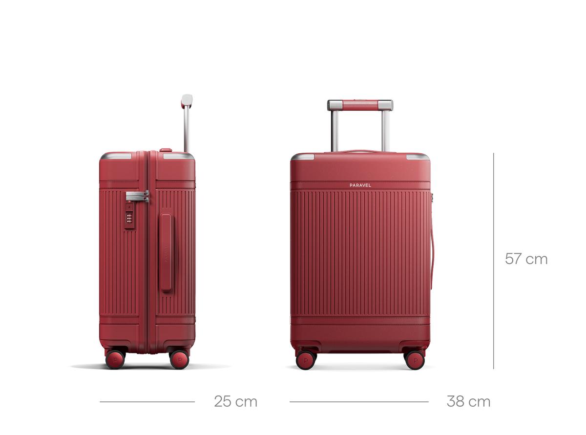 a red suitcase with wheels