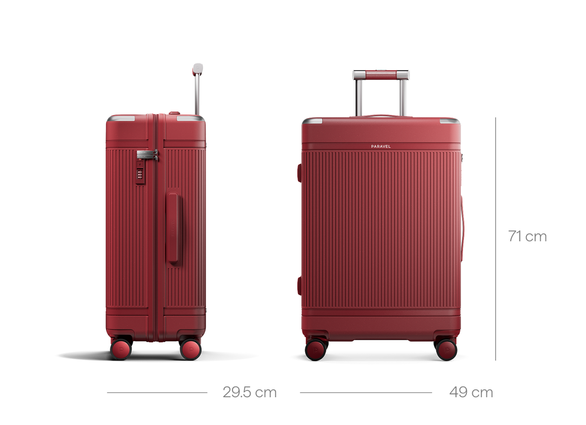 a red suitcase with wheels