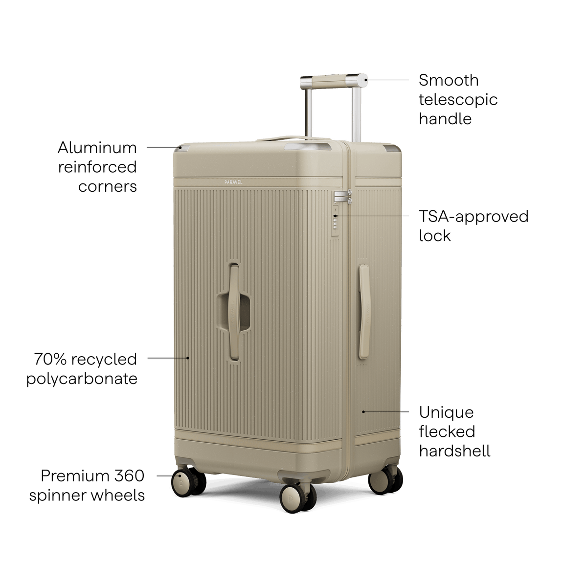 a tan suitcase with wheels