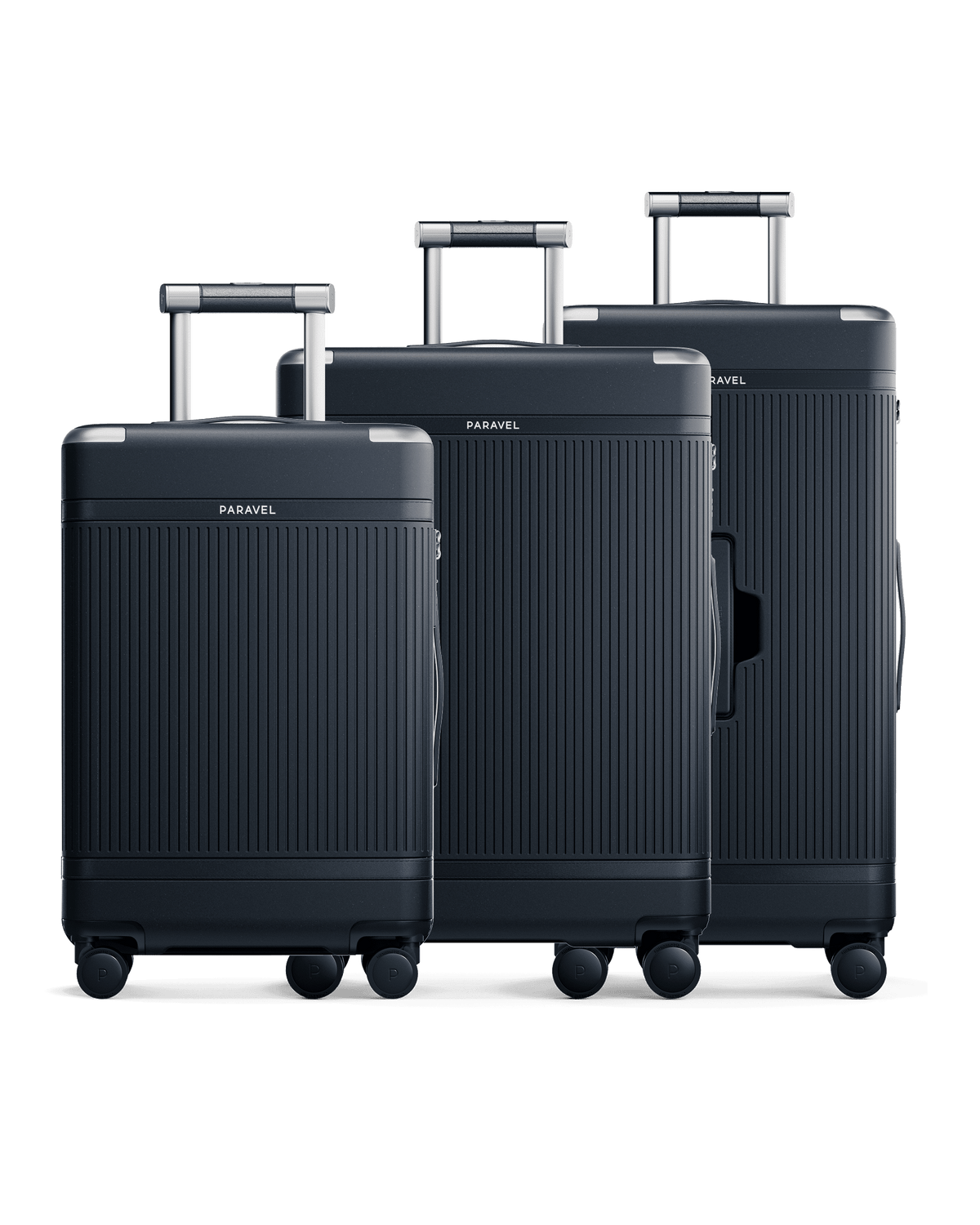a group of luggage on wheels