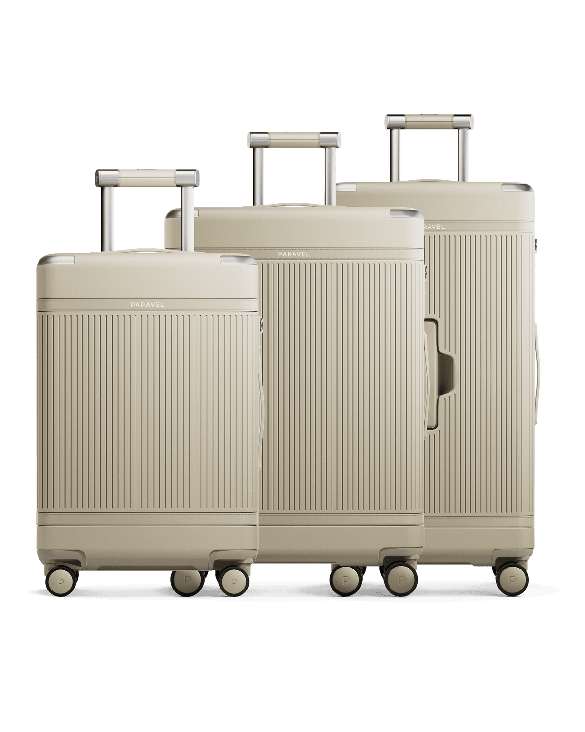 a group of luggage on wheels