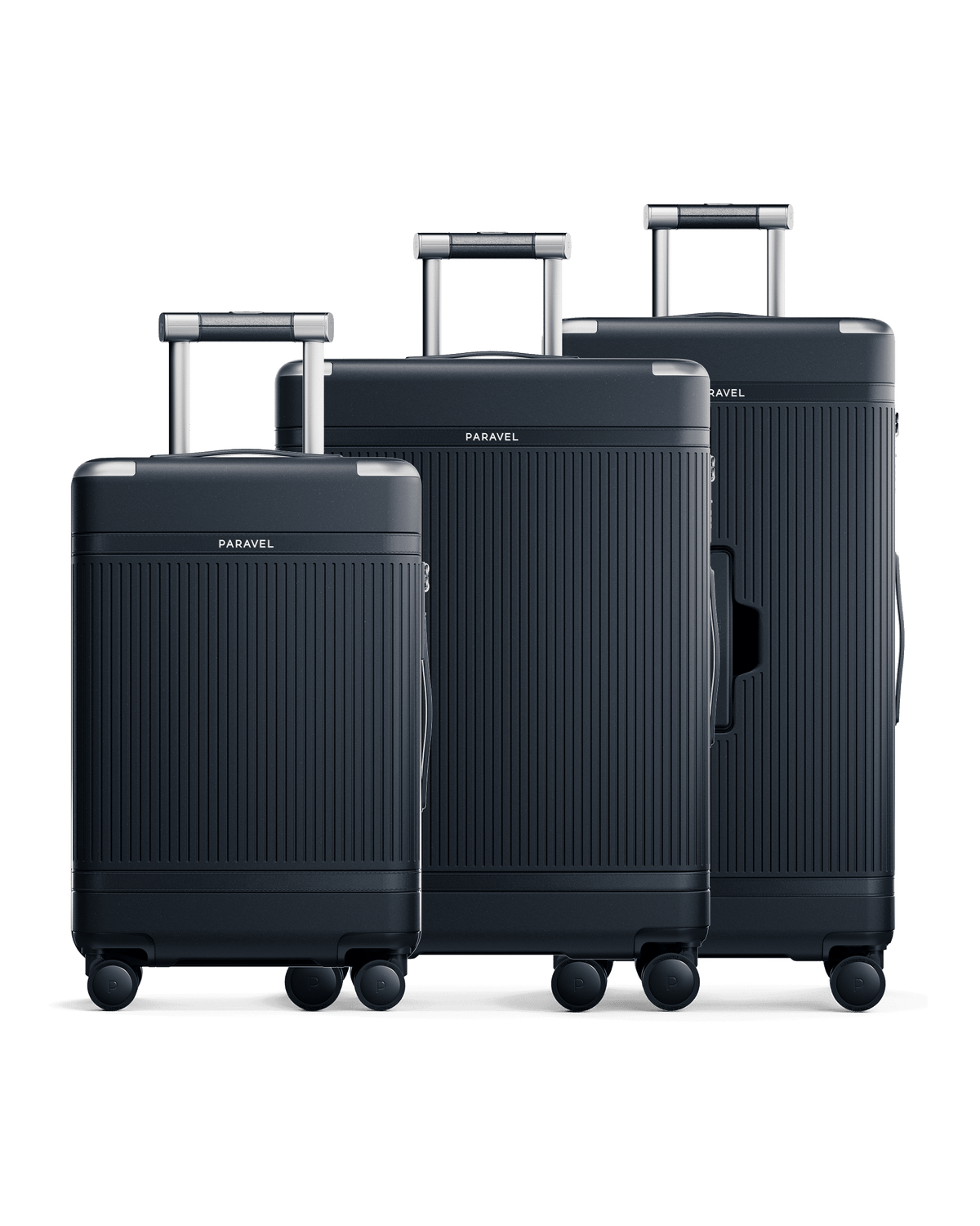 a group of luggage on wheels