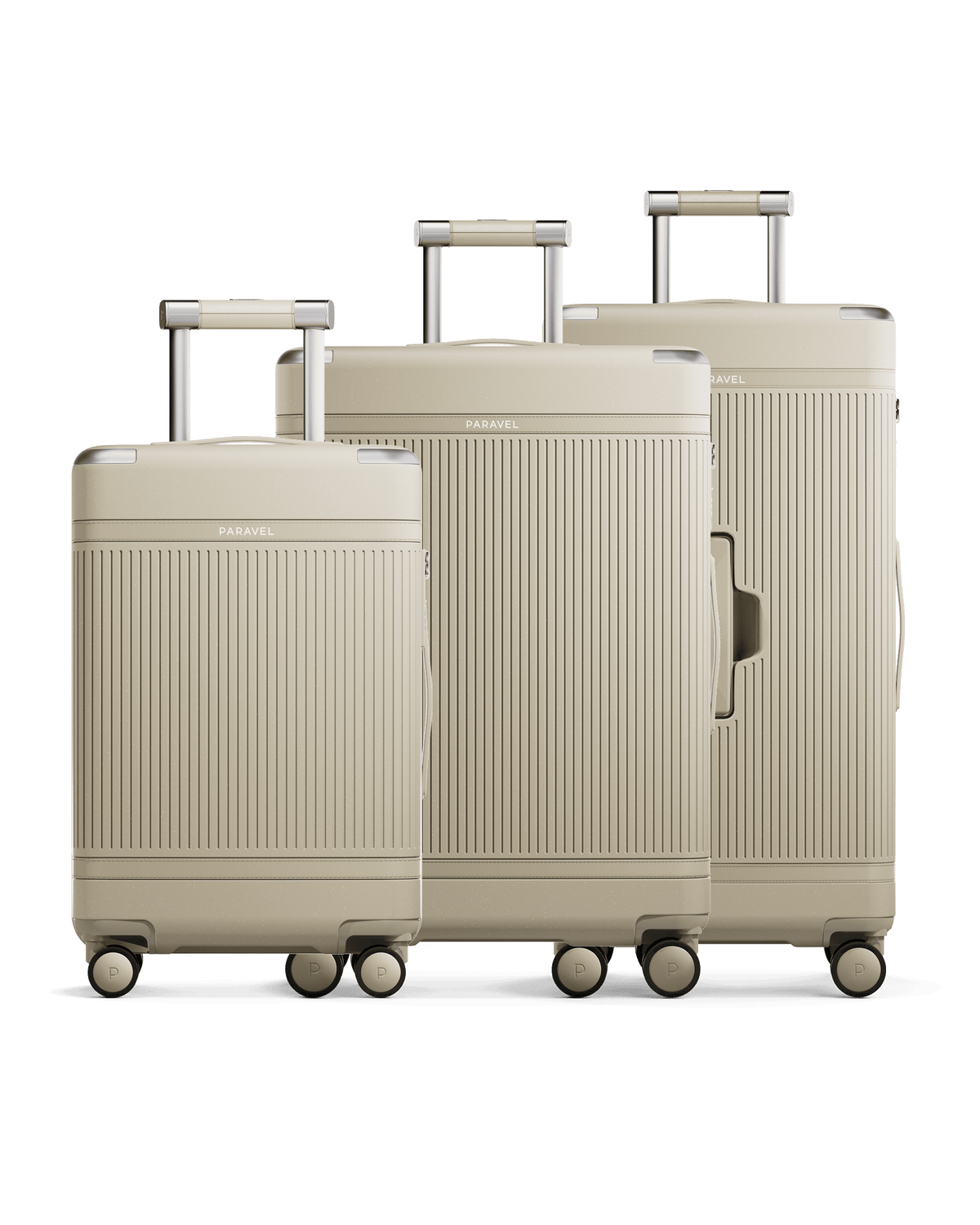 a group of luggage on wheels